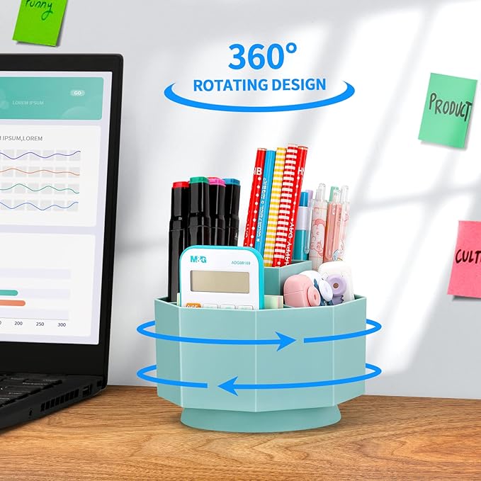 LETURE Desk Organizer, 360-Degree Rotating Pen Pencil Holder, 5 Compartments Desktop Stationary Organizer, Home Office Art Supply Storage Box Caddy (BLUE)