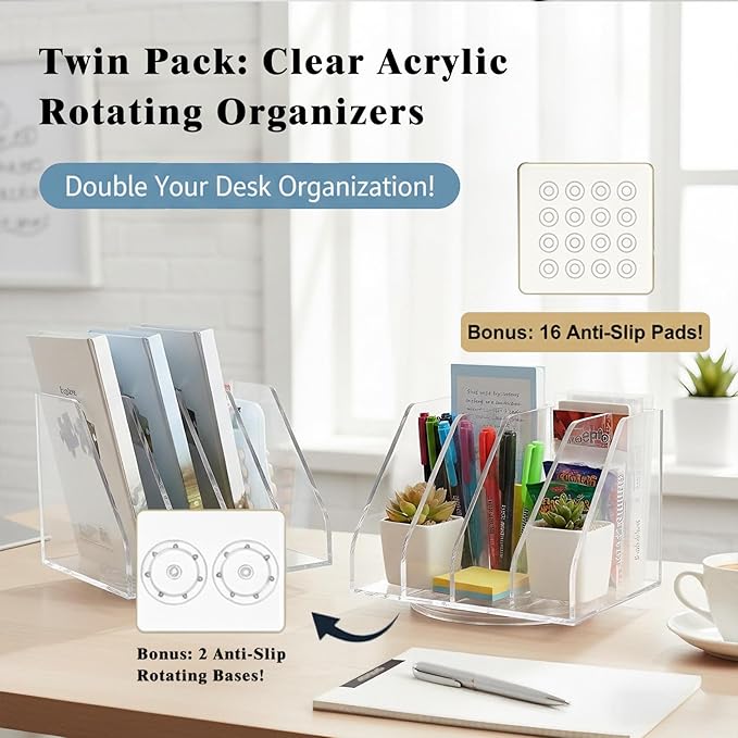 2 Pcs Acrylic File Organizer with 4 Vertical Compartments, 360° Rotating Vertical Desk Organizer for Books, Folders, Magazines, Compact Clear Book Stand & Binder Holder for Office Desk Storage
