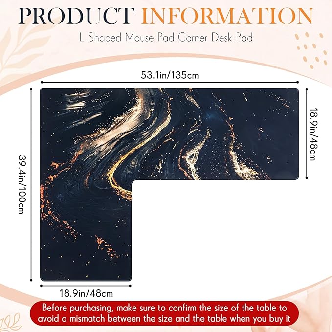 Relaxweex L Shaped Desk Mat for 90° Corner Desks, 53.1" x 39.4" Large Black Waterproof Mouse Pad with 18.9" Wide Arms, Non-Slip Rubber Desk Protector for Office, Computer and Gaming
