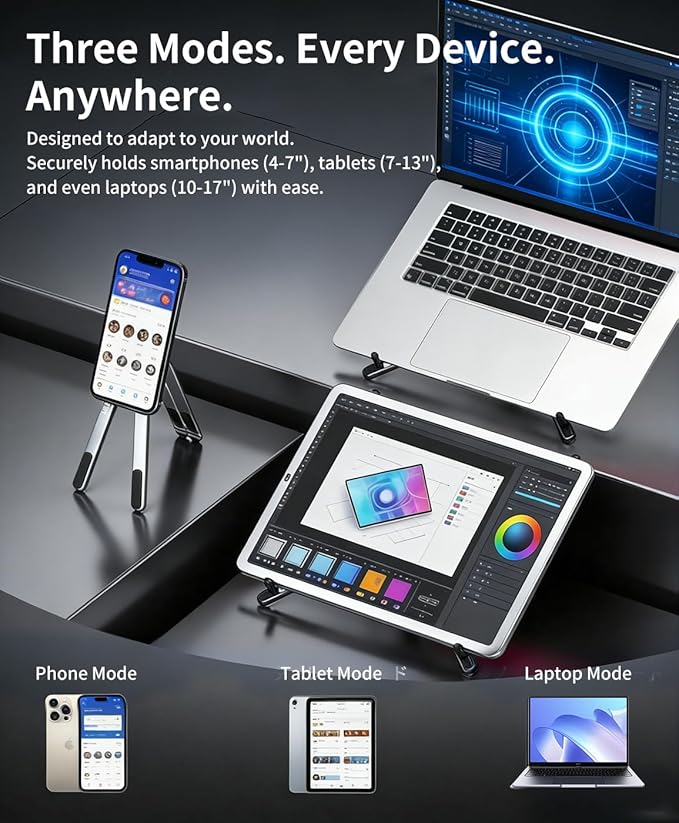 miley Portable Foldable Laptop Stand for Desk,Foldable Ergonomic,8-Level Height,with 13–17" Laptops,Aluminum Construction,Tripod Compatible,Portable with,Includes Storage Bag (Silver)