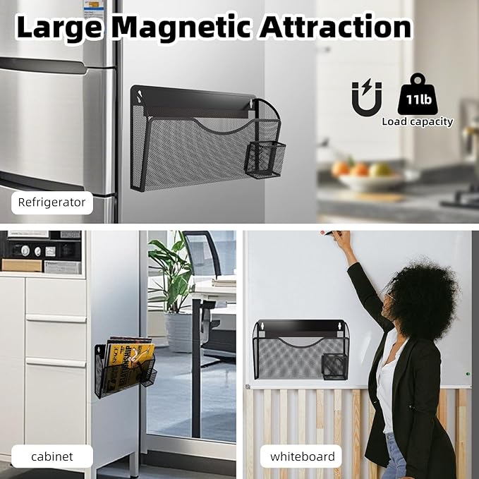 Magnetic File Holder 1 Pockets File Folder Organizer with Pen Holder, Office Hanging Magazine Rack for File Cabinets, Magnetic Paper Holder, No Drilling Mail Organizer for Refrigerator, Office (Black)