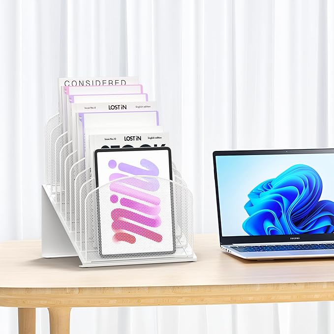 Inclined Desk File Organizer Metal Desk Magazine Folder Holder with 8-Section Vertical Compartments Rack File Organizer for Office, Home, School, White