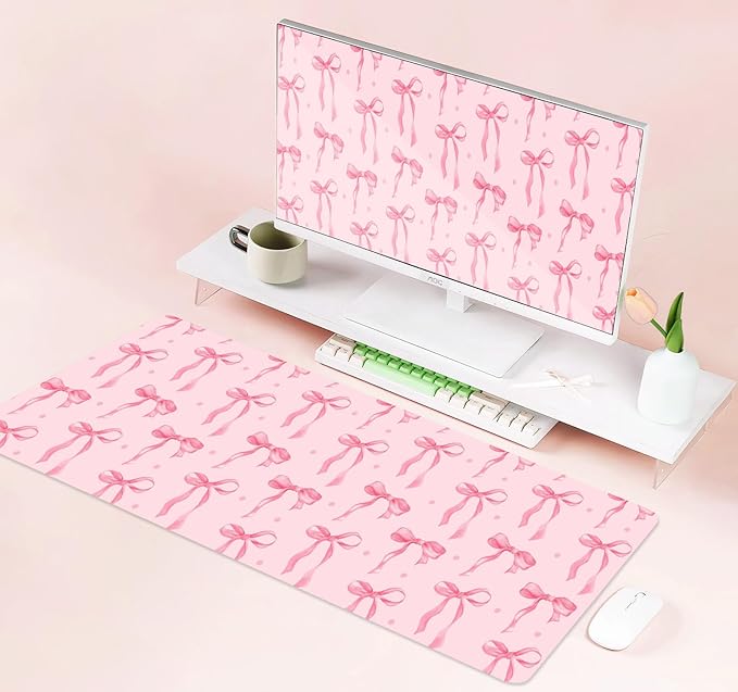 Pink Ribbon Bow Large Gaming Mouse Pad, Polka Dots Desk Mat Office Accessory, Light Pink Computer Mat, Non-Slip Rubber Base Laptop Pad for Girls Kids Desktop Decorative, 31.5 x 11.8 inches