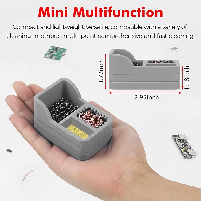 Soldering Iron Tip Cleaner Kit with Brass Wool, Sponge & Steel Brush in Gray Silicone Holder – Heat & Scratch Resistant Cleaning Tool for Soldering, Electronics Repair & DIY Projectst