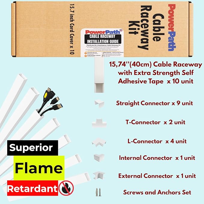 Cable Management Kit | 157" Cord Hider Kit | 10 Pcs x 15.7in Paintable Cable Raceway with Connectors | T & L Corners | Inside & Outside Elbows | Home Office Essentials | Wall Cable Concealer for TV