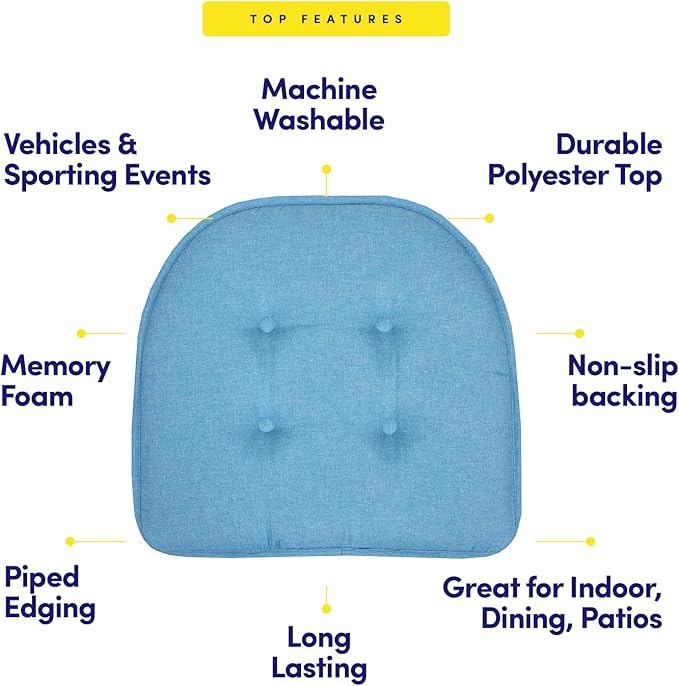 Sweet Home Collection Chair Cushion Memory Foam Pads Tufted Slip Non Skid Rubber Back U-Shaped 17" x 16" Seat Cover, Turquoise 4 Count