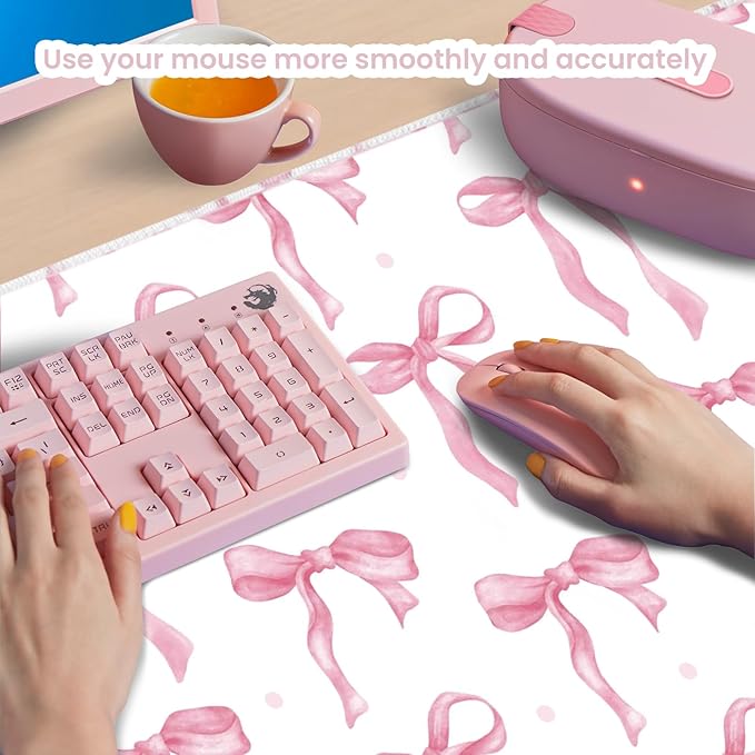 Large Desk Mat with Pink Bows, Cute Mouse Pad Pink Keyboard Mat for Computer Laptop Non-Slip Rubber Base, Girly Office Mat Desktop Pad Office Supplies Accessories for Teen Girls Women 35.4 x 15.7in