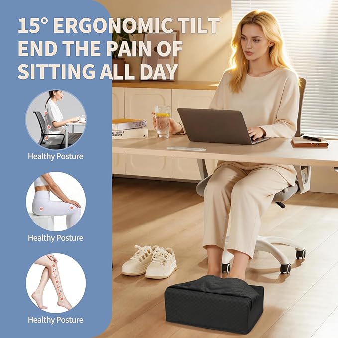 Ergonomic Foot Rest for Under Desk at Work – 15° Tilt Angle Under Desk Footrest with High-Resilience Foam, Velvet Top & Non-Slip Base, Comfortable Foot Stool for Office Chair and Home, Black