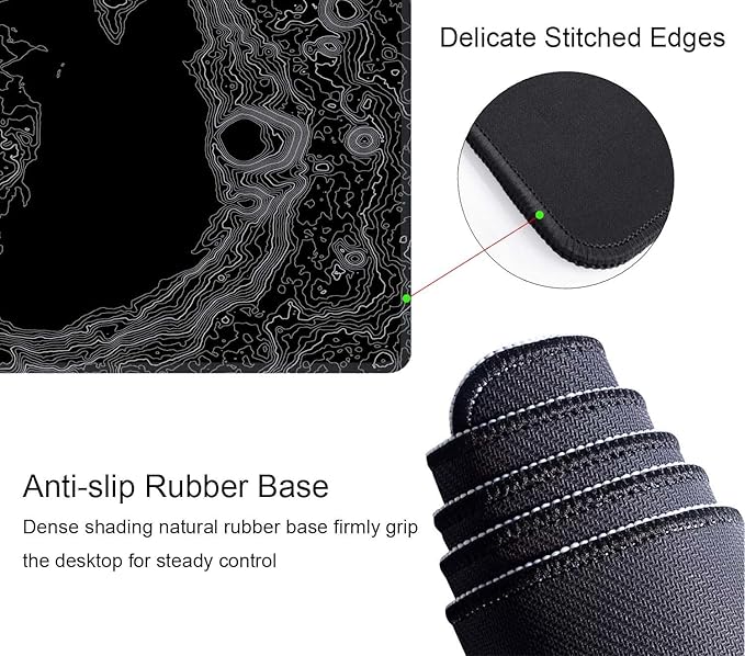Moon Topographic Map Desk Mat Black Large Mouse Pad XL Extended Gaming Mousepad Keyboard Mouse Mat Desk Pad for Computer Laptop 31.5''X11.8'' Non-Slip Rubber Base with Stitched Edges
