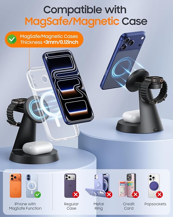 Meifigno 3 in 1 Magnetic Charging Station for Apple Devices, 15W Fast Wireless Charger Compatible with MagSafe Charging Stand for iPhone 17-12 Series, Watch Charger Stand for Apple Watch & Earbuds