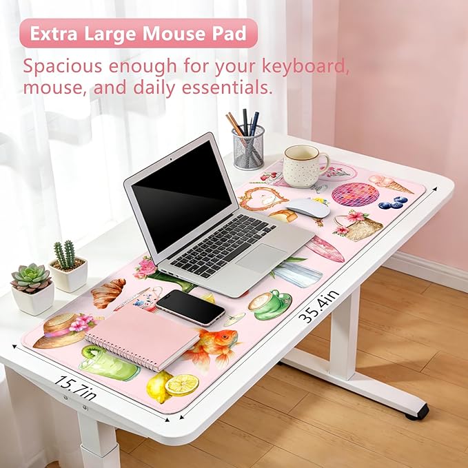 Pink Floral Mouse Pad Large 35.4×15.7 Aesthetic Cute Desk Mat for Women Girls, Non-Slip Water-Resistant Keyboard Pad for Home Office Gaming