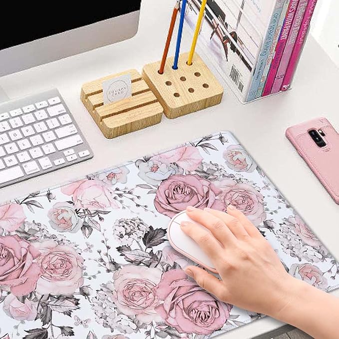 Cute Pink Flowers Desk Pad XL Gaming Mousepad & Laptop Computer Keyboard Mat 31.5''X 11.8'' Cute Desk Decor Accessories