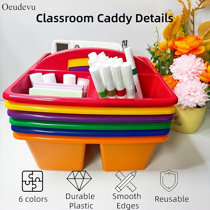 6 Pack Classroom Caddy, Art Caddy with 3 Compartment, Portable Storage Bin for Classroom, Office, and Home, Multiuse Table Organizer with Handle, Durable & Drop-Proof, Rainbow Colors