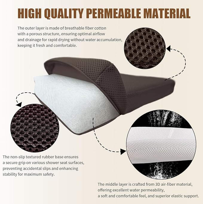 Shower Bench Cushion, Soft Chair Pad for Elderly Bathing, Easy to Clean & Quick Dry，Using 4D air Fiber Material, Suitable for Shower Cushion, Bathtub Baths, Poolside Rest，Brown
