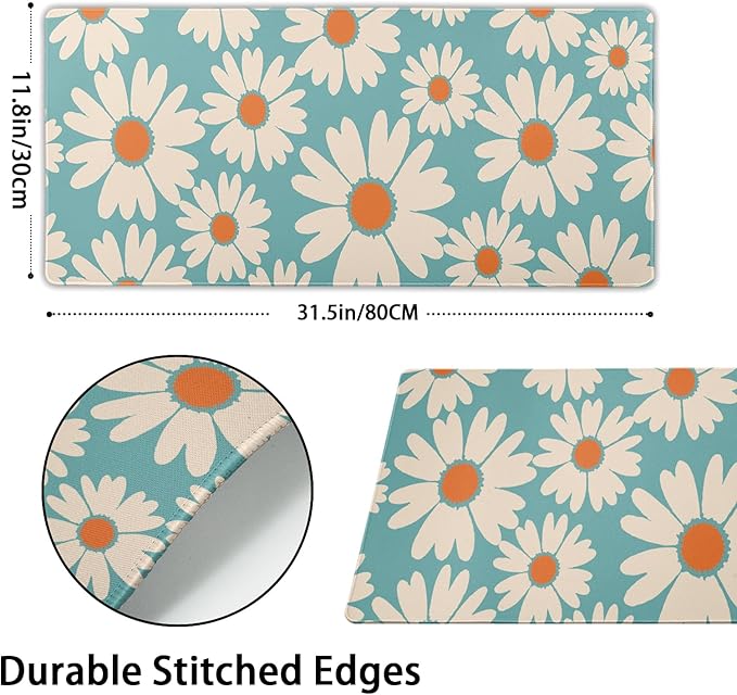 Cute Daisy Flowers Mouse Pad Gaming 31.5x11.8 in Floral Desk Mat Extended Anti-Slip Big Mousepad With Stitched Edges White Daisy Keyboard Pad Mouse Mat Blue for Computer Work Gaming