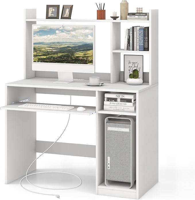 Tangkula White Desk with Hutch &Charging Station, Home Office Desk with Keyboard Tray & CPU Stand, Modern Laptop PC Desk, Space-Saving Writing Study Desk with Bookshelf, Ideal for Dorm Bedroom