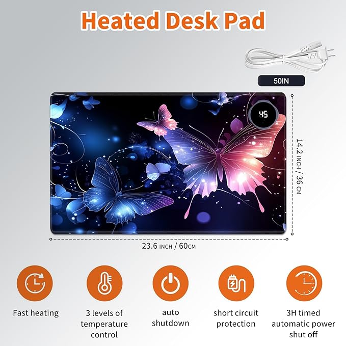 Heated Mouse Pad,Warm Desk Pad with 3 Levels Heating & 3 Hours Auto Shut-Off, PU Leather Heated Desk Pad Warmer Pad for Home Office - 23.6 x 14.2 inch,Shining Butterfly