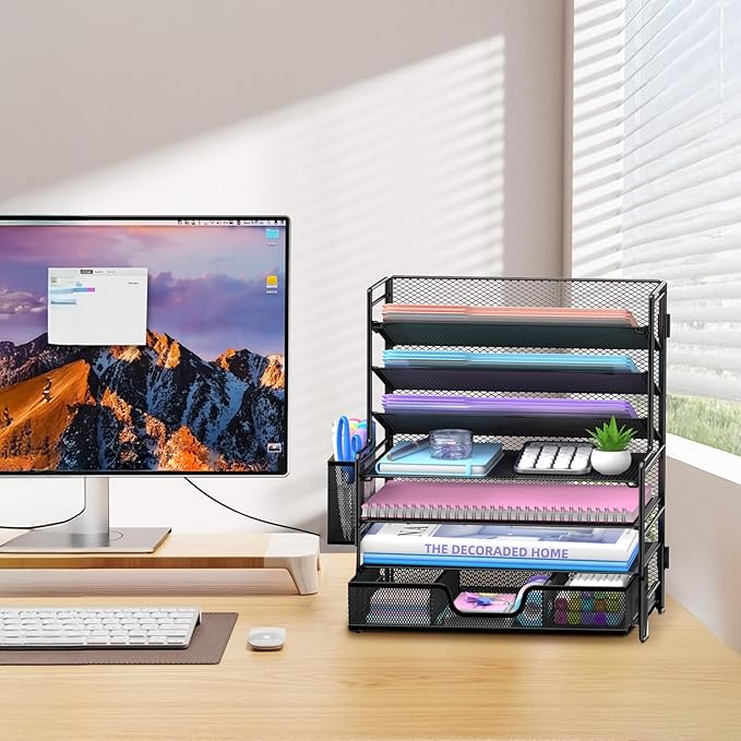 SUPEASY 7 Tier Desk Organizer with Drawer & Pen Holder, Heavy Duty Metal Letter Tray Paper File Organizer for Home Office School Classroom, Black