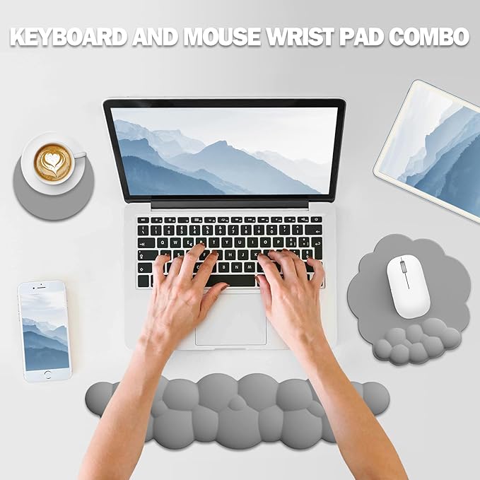 Cloud Keyboard Wrist Rest and Mouse Pad with Wrist Support Set, Ergonomic PU Leather Mouse Pads, Pain Relief Memory Foam Non-Slip Mousepad for Computer,Laptop,Grey