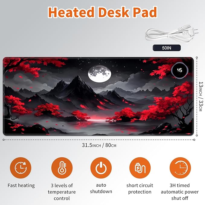 Heated Mouse Pad,Warm Desk Pad with 3 Levels Heating & 3 Hours Auto Shut-Off, PU Leather Heated Desk Pad Warmer Pad for Home Office - 31.5 x 13 inch,Red Tree Moon