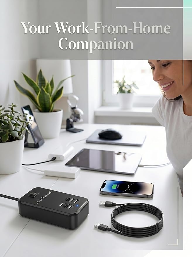USB Charger Station, 6 Port Desktop Charging Station for Multiple Devices, Wall Power Strip with Switch