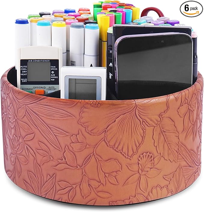 Remote Control Holder, 360°Spinning PU Leather Desk TV Remote Caddy,Desk Storage Box Room Accessories for Controller, Media,Mail,Calculator, Mobile Phone,Pencil(1-Carved Brown)