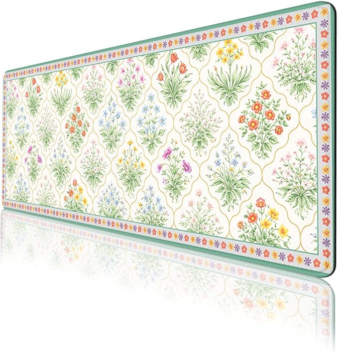 Cottagecore Floral Mouse Pad, Vintage Garden Botanical Gaming Desk Mat Extended Laptop Keyboard Non-Slip Rubber Base with Stitched Edges for Home, 31.5x11.8in Desk Home Office Gaming