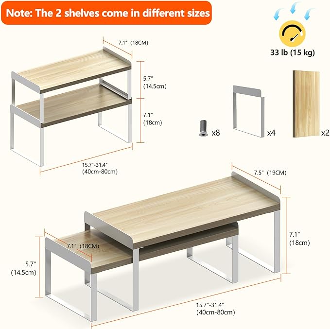 2 Sets Desk Shelves for Top of Desk, 2 Tier Independent Stackable Desktop Shelves, Desktop Organizer Shelf, Adjustable Bookshelf,Metal and Engineered Wood, (White+mapple)