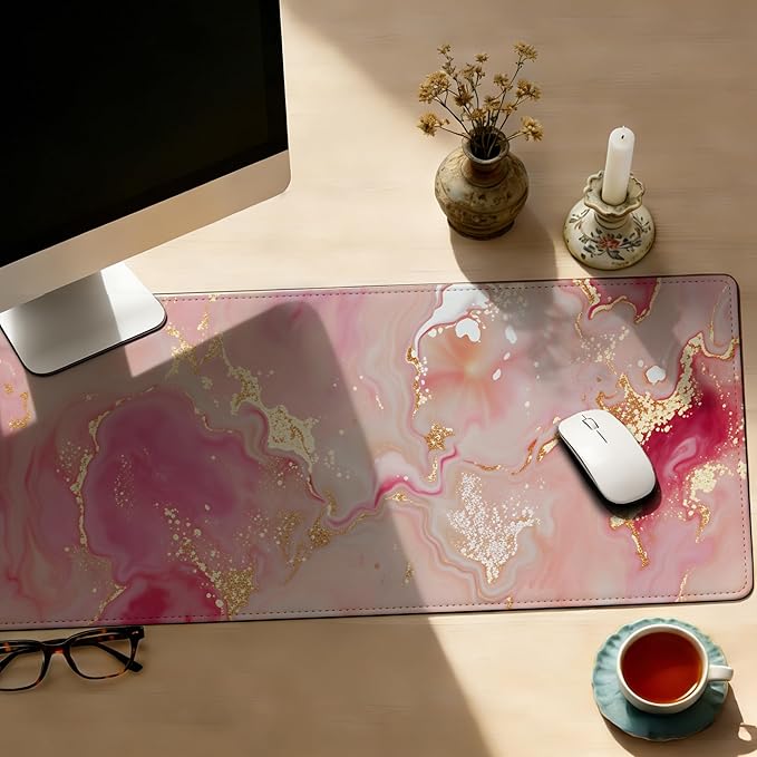 Pink Gold Marble Mouse Pad,35.4 x 15.7 Inch Large Mouse Mat Non-Slip Rubber Stitched Edges for Writing Desk,Office,Home,Laptop