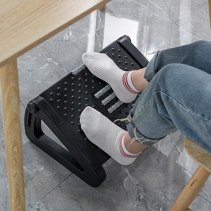 Foot Stool Under Desk,Featuring a Massage Roller,‌Ergonomic Design‌,6-Position Incline Adjustment,to Relieve Leg Fatigue in Seated workspaces.