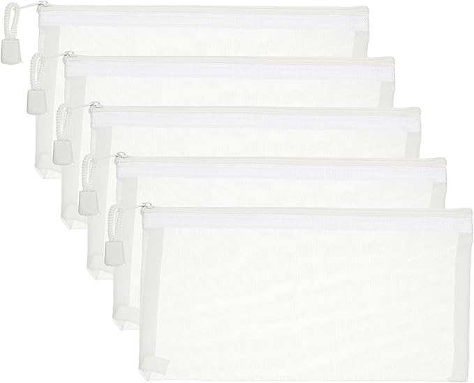 PATIKIL B6 Mesh Zipper Pouch Bags, 5 PCS Mesh Bags with Zipper Plastic Storage Pocket for Organizing File Beads Office Home Supplies, 11.5x23cm, White