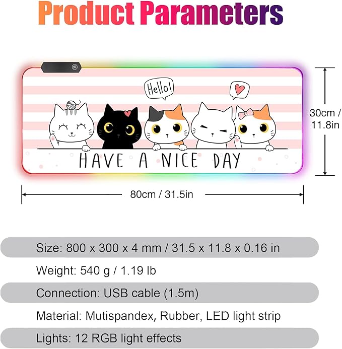 RGB Large Gaming Mouse Pad, Extended Mouse Pad with 12 Lighting Effects, Water Proof Mutispandex Surface, Non-Slip Rubber Base, 80x30 cm / 31.5×11.8 in (Cat)