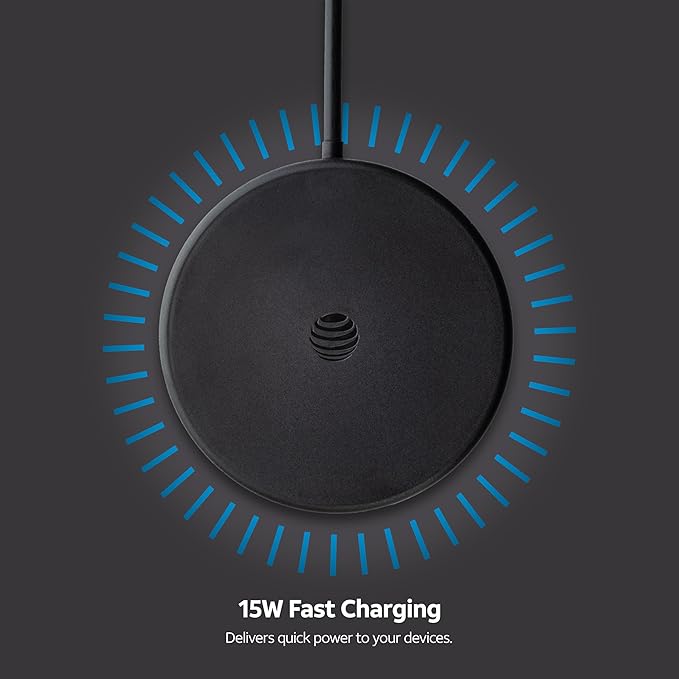 AT&T Magnetic Wireless Charging Pad with Built-in Ring Stand – 15W Fast Charging, USB-C PD Input, Case-Friendly Magnetic Design – Ideal for Desk, Travel, and Nightstand Use – Black