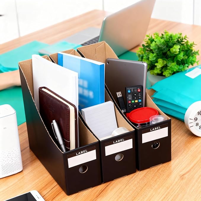 24 Pcs Black Cardboard Magazine File Holder, Foldable Magazine Holder Magazine Storage Box with Labels 10.6×10.2×3.5'' Cardboard Magazine Box for Home Office Desktop Storage
