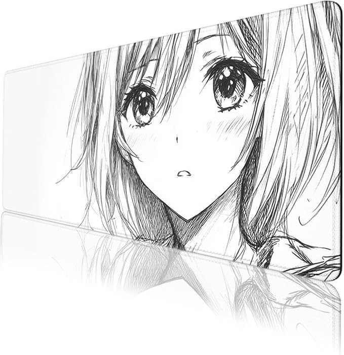 Anime Girl Gaming Mouse Pad Minimal Monochrome Sketch Large Gaming Mouse Mat with Stitched Edges,Non-Slip Waterproof Rubber Base Mous Mat Office Computer Keyboard Laptop 31.5"x11.8"