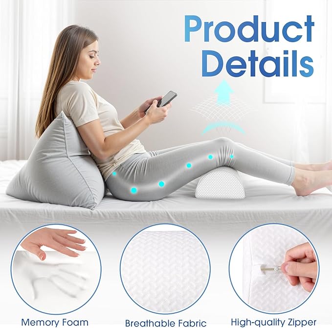 TranquilRelax Knee Pillow for Back Sleeping Memory Foam Half Moon Bolster Pillow for Legs, Under Knee Support, Ankle & Foot Comfort Orthopedic Pillow for Side Sleepers (White, 20.4" x 8" x 4.9")