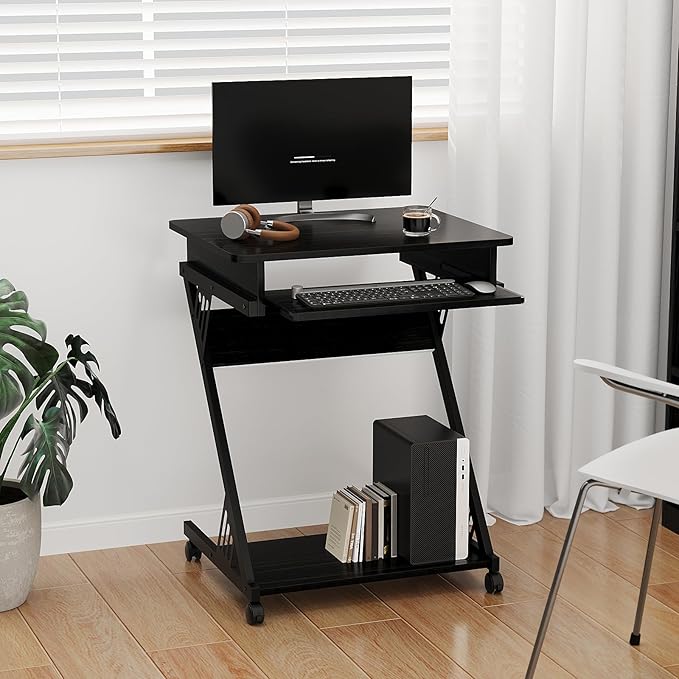 ALISENED 2 Tier Computer Desk with Keyboard Tray, 23.6" Home Office Desk Computer Workstation Rolling Study PC Laptop Table for Small Spaces,Z-Shaped Small Compact Study Table