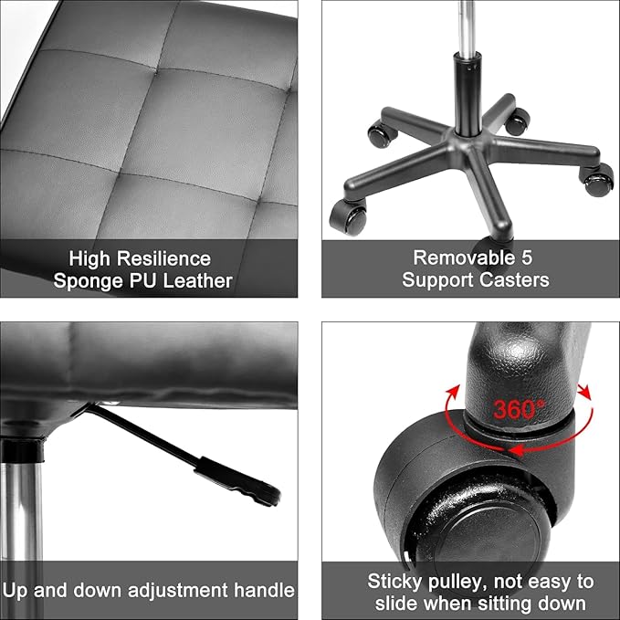 Footrest Under Desk Leg Rest Ottoman Adjustable Height Foot Stool with Wheels Leather Footrest for Home Office, Large (Black)