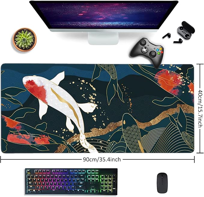 Watercolor Japanese Koi Fish Extended Gaming Mouse Pad Large Desk Mat with Non-Slip Rubber Base and Stitched Edges,Keyboard Mouse Mat Desk Pad for Work,Game,Office,Home 35.4 * 15.7 Inch