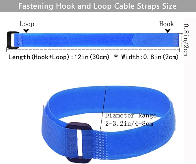 10 Pack (12 x 0.8 Inch) Reusable Fastening Cable Straps Blue Color,Adjustable Multi-Purpose Hook and Loop Straps Nylon Cable Ties for Wire Cable Management Home Office Garage Organization