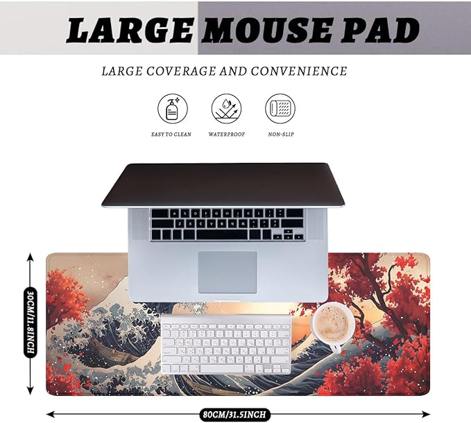 Japanese Great Wave Desk Mat Ocean Sunset Red Maple Mousepad XL Large Gaming Mouse Pad Laptop Keyboard Mat Desk Pad 31.5"x11.8"