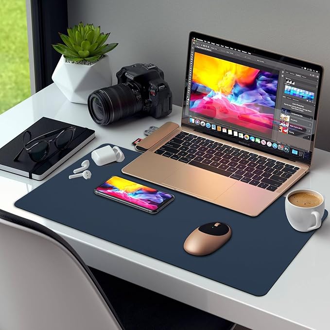 Large Leather Desk Pad Protector 27.5"x13.7",Non-Slip Durable Office Desk Mat for Writing, Computer, Laptop, Mouse Pad & Desktop Use,Desk Protector Mat,Dark Blue