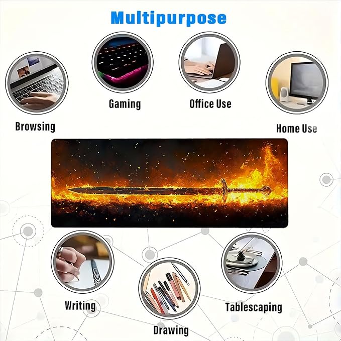 Sword Extended Mouse Pad Fire Combustion Fantasy XL Mouse Pad Large Mousepad Extended Laptop Keyboard Mat Gaming Desk Pad Mouse Mat for Office Desktops, Home Workstations, and Laptops 31.5x11.8 Inch