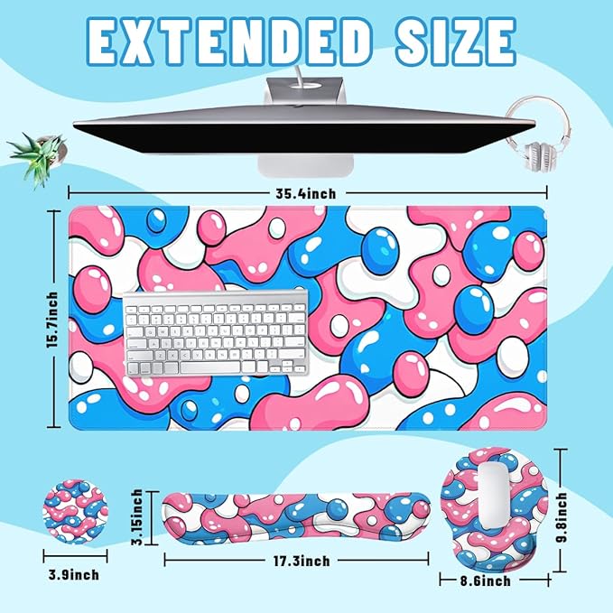 Abstract Desk Mat Set Bubble Pop Cartoon Pink Blue Large Mouse Pad with Wrist Rest 4in1 Desk Mat for Desktop Ergonomic Computer Desk Arm Wrist Anti-Slip Computer Mouse Pad Home Office Gaming
