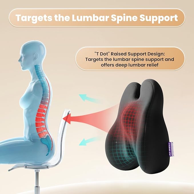 ZZ-WELL Lumbar Support Pillow - Back Support Pillow for Office Work Chair - Memory Foam Chair Back Cushion for Mid Lumbar Back Pain, Posture Improved - Adjustable Straps, Breathable Cover (Black)