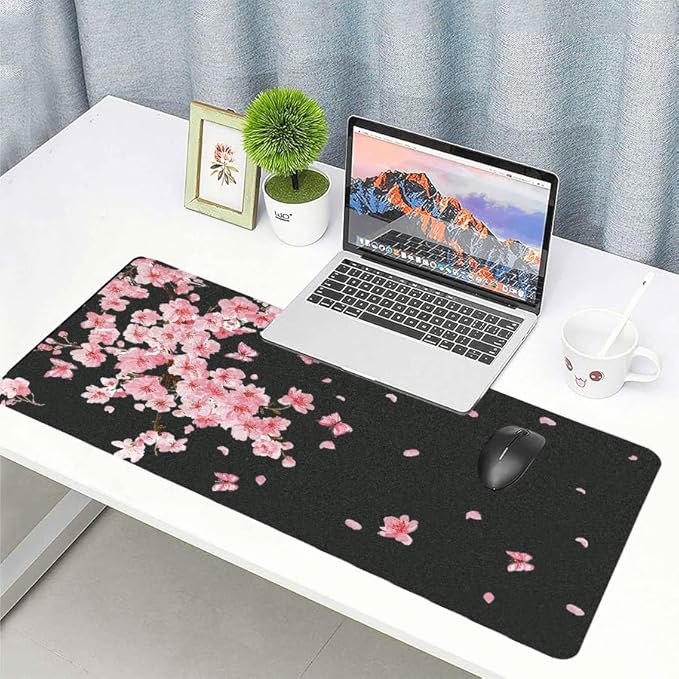Pink Cherry Blossoms Desk Mat, Classic PU Leather Desk Pad for Women - Large Non-Slip Office Mat for an Elegant Gaming & Home Workspace(23.6x11.8 Inch)