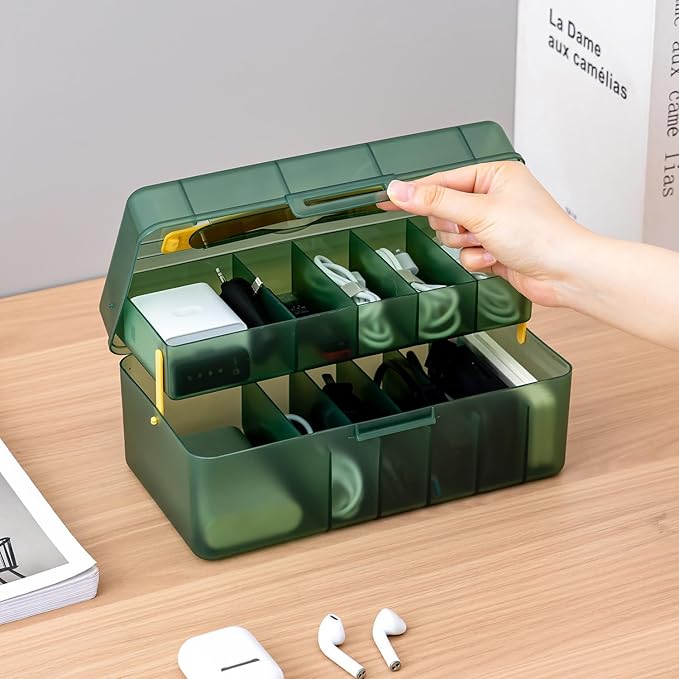 Vidifor Large Cable Organizer Box with 20 Cable Ties, Portable Cord, Charger and Bandages Storage for Drawer, Desk, Office & Home (Green)