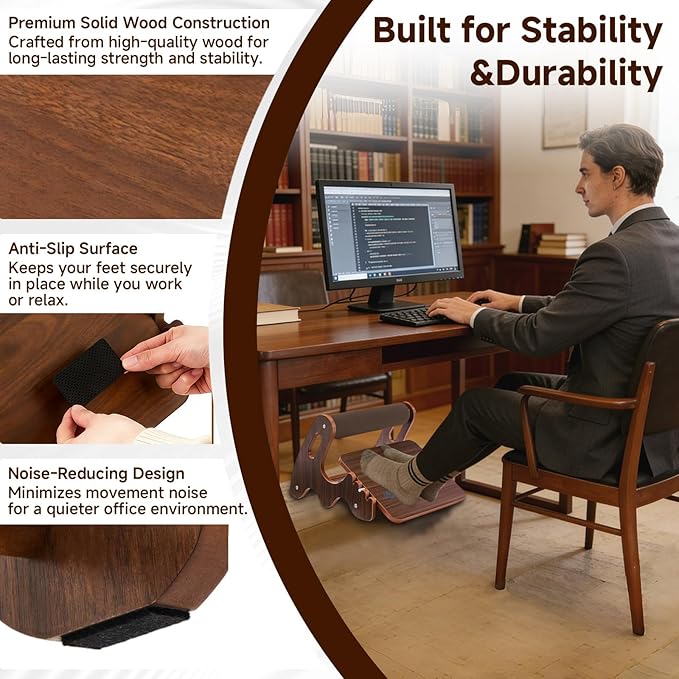 Wood Foot Rest for Under Desk at Work,Adjustable Rocking Foot Stool with 3 Height Positions,Soft Crossbar & Anti-Slip Surface, Ergonomic Wooden Footrest for Improved Posture, Home & Office