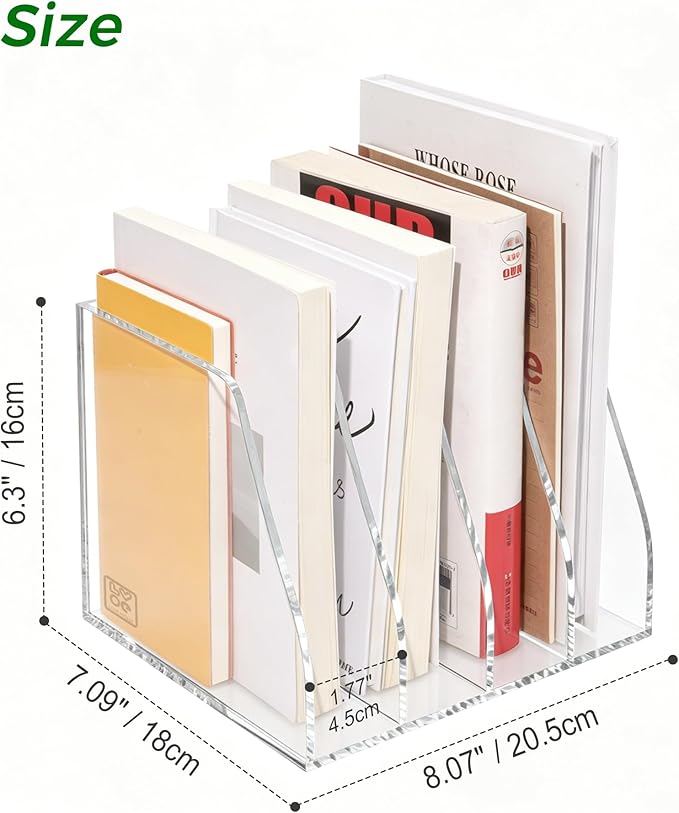 Lovemolly Acrylic Magazine File Holder – 4-Slot Clear Desk Organizer, Vertical Document Sorter for Office, Home & Classroom, No-Assembly Tabletop Rack for Folders, Books & Tablets, 7.09x8.07x6.3 in