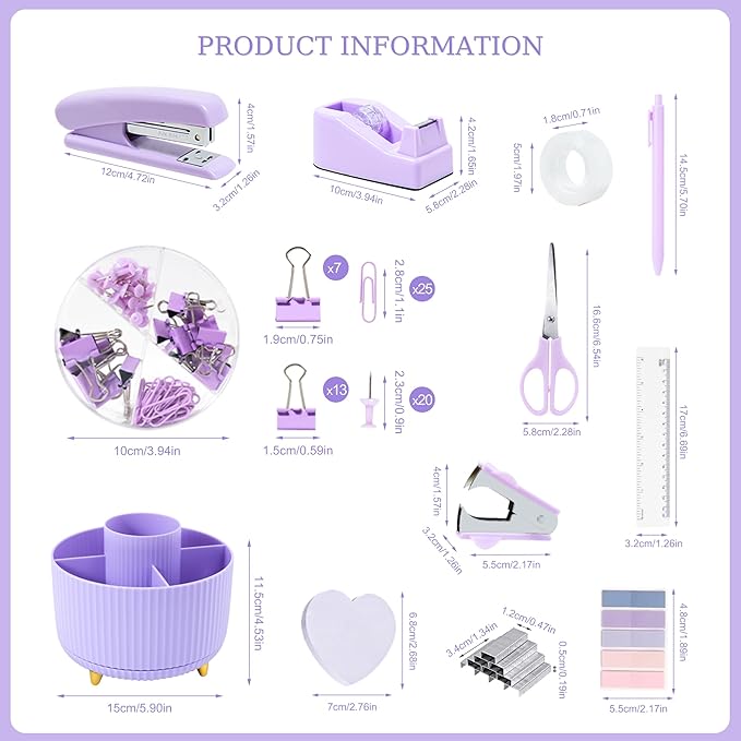 Ovatt Purple Office Desk Accessories, 15pcs Office Supplies 360°Pen Holder Desk Organizers and Accessories with Purple Stapler and Tape Dispenser Set, Cute Desk Accessories for Women Gift Set